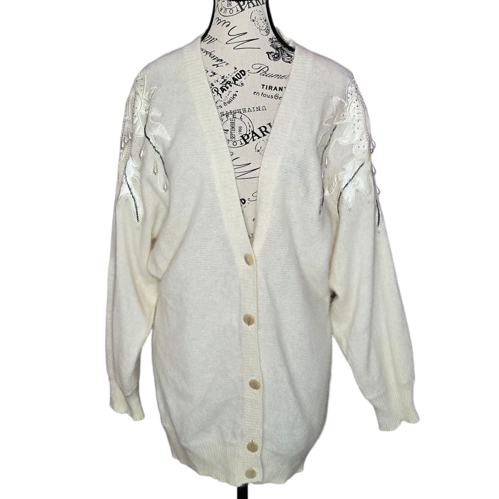 Carducci Cream Angora Wool Beaded Flower Appliques Button Cardigan M Mobwife